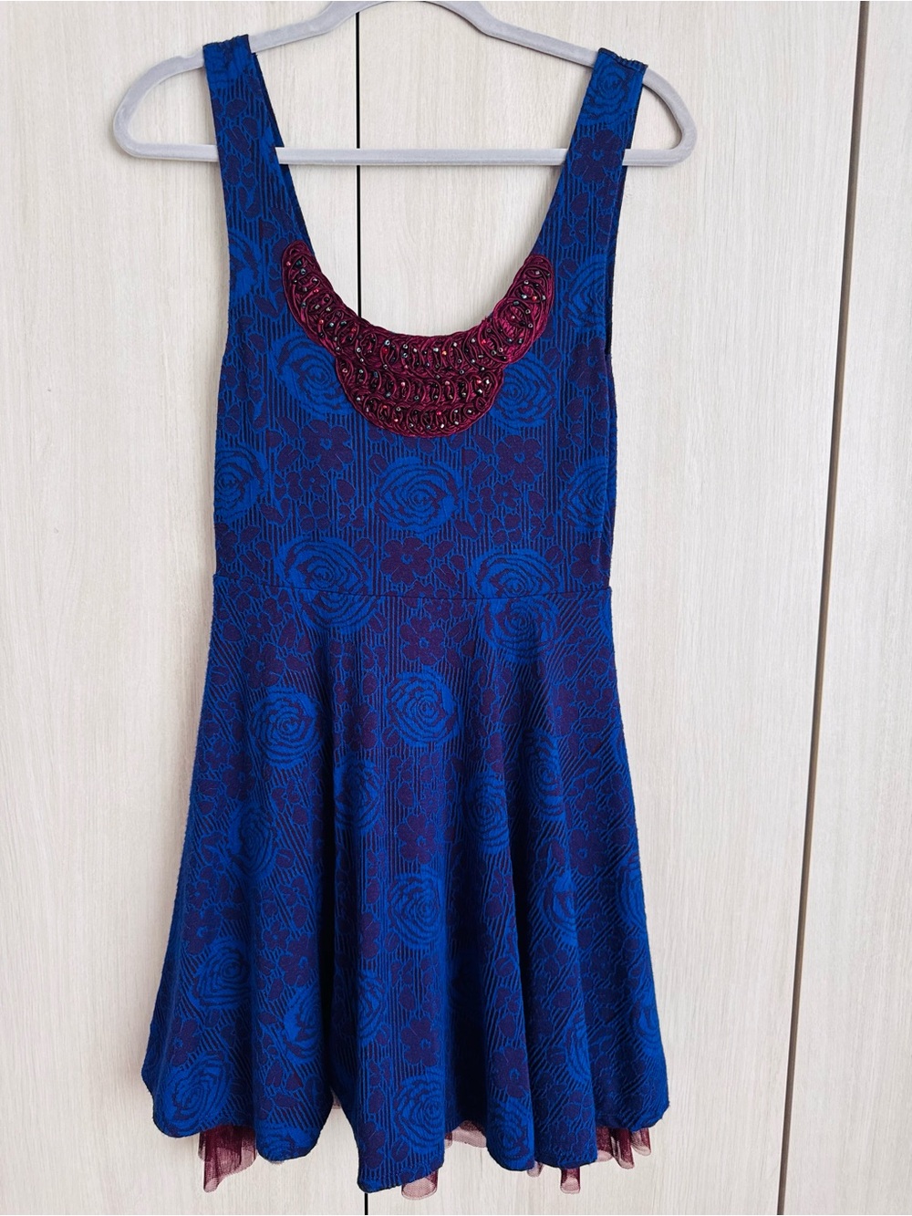Free People Blue Dress with Embellished Maroon Neckline Sz S